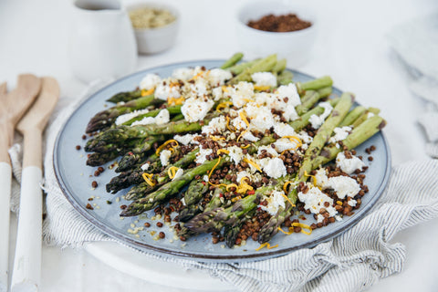 Grilled Asparagus with Popped Lentils & Crumbled Feta