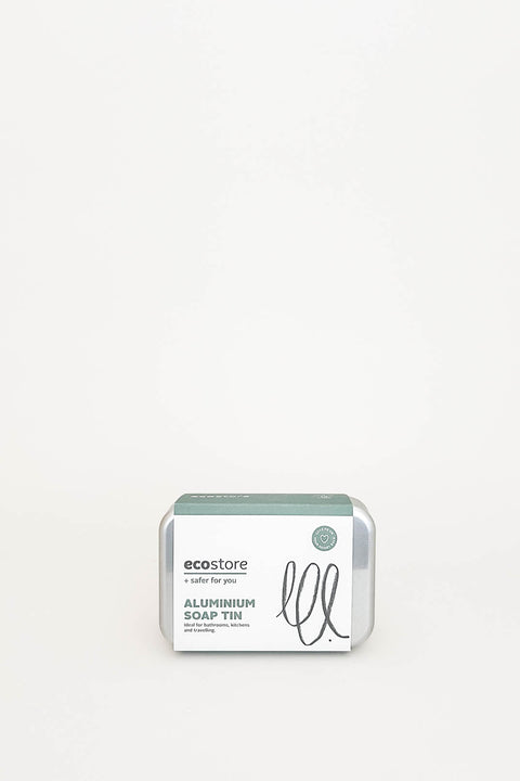 An aluminium soap tin with a drip tray, labeled 'Ecostore Aluminium Soap Tin' on a white background.