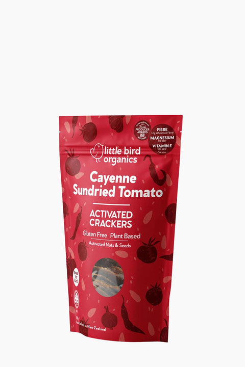 Red package of Cayenne Sundried Tomato Activated Crackers by Little Bird Organics on a white background