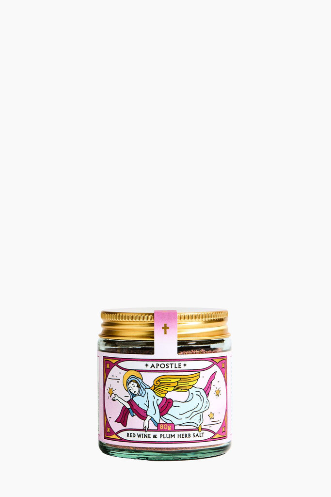Jar of salt with decorative label on a white background