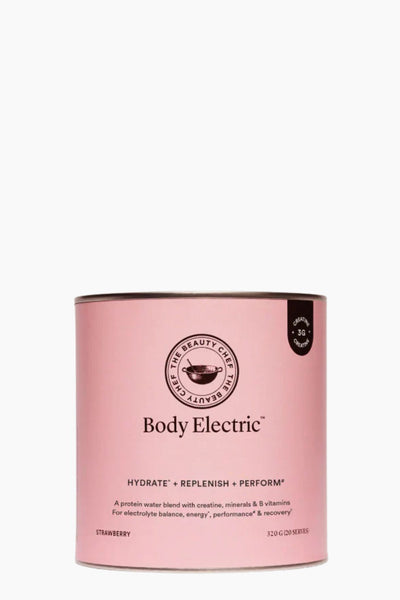 Pink canister labeled 'Body Electric' on a white background