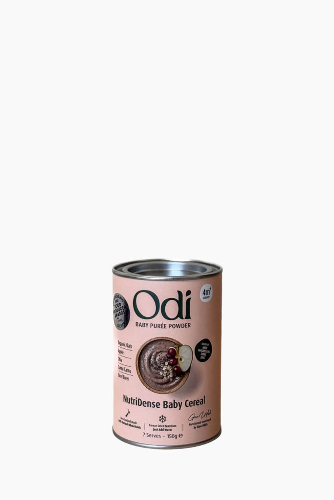 Can of Odi baby food on a white background