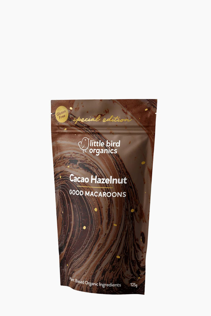 Packaging of Little Bird Organics Cacao Hazelnut Macaroons on a white background