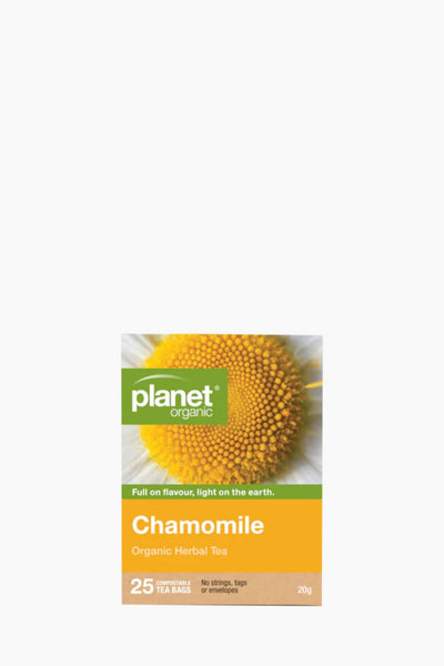 Planet Organic Chamomile tea package on a white background