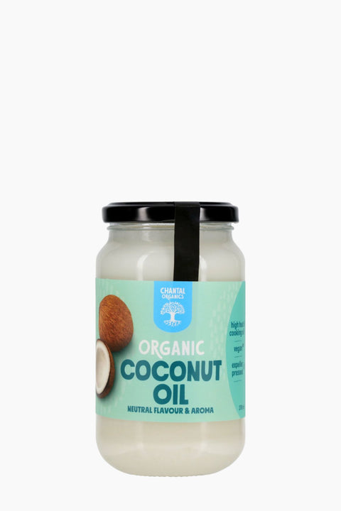 Jar of organic coconut oil with a label on a white background