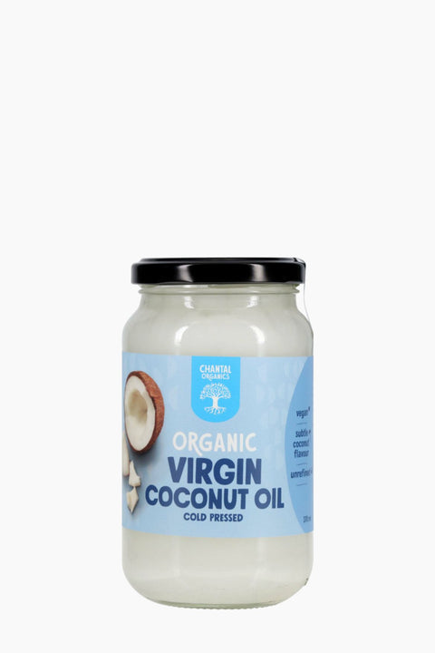 Jar of organic virgin coconut oil with a blue label on a white background