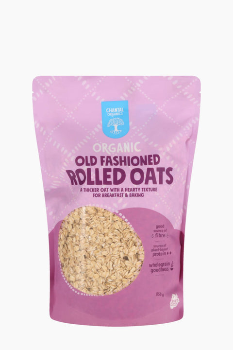 Package of organic old fashioned rolled oats with a purple background