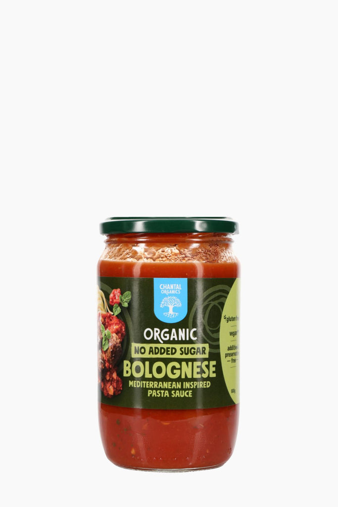 Jar of organic Bolognese pasta sauce with a green label on a white background