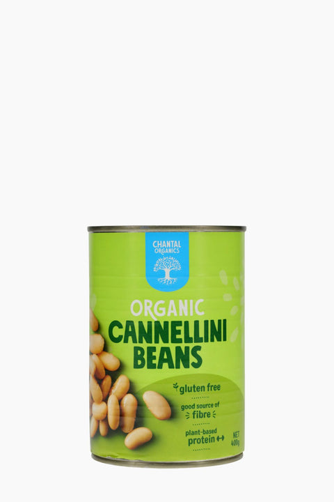 Can of organic cannellini beans with a green label on a white background