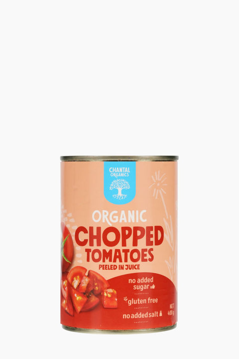 Can of organic chopped tomatoes on a white background