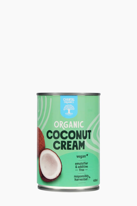 Can of organic coconut cream with a green label on a white background