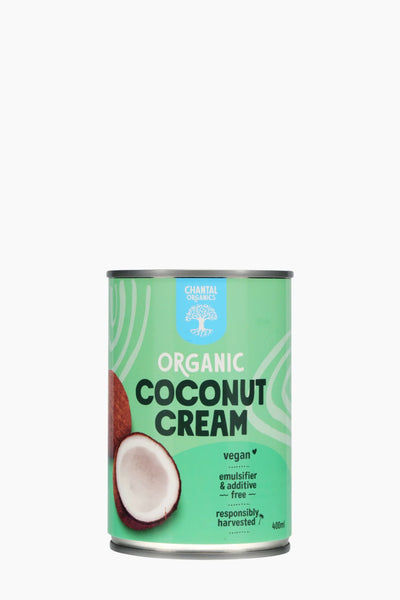 Can of organic coconut cream with a green label on a white background