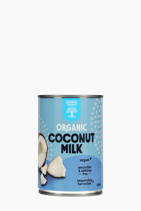 Can of organic coconut milk with a blue label on a white background