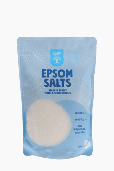 Bag of Epsom salts with branding on a white background