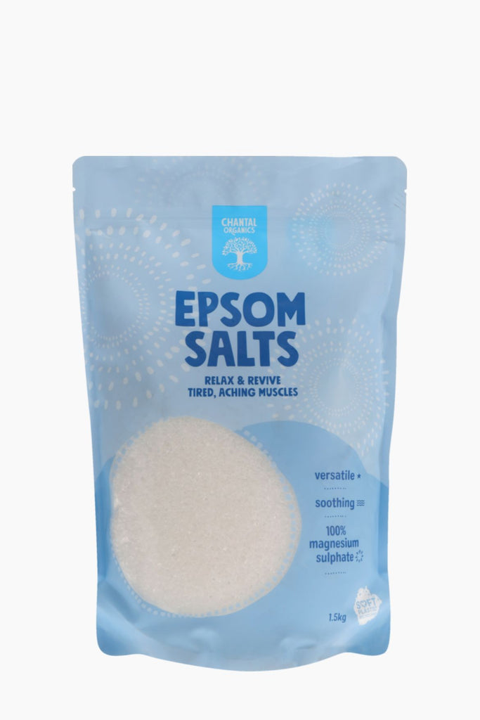 Bag of Epsom salts with branding on a white background