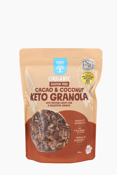 Package of Organic Cacao & Coconut Keto Granola on a white background