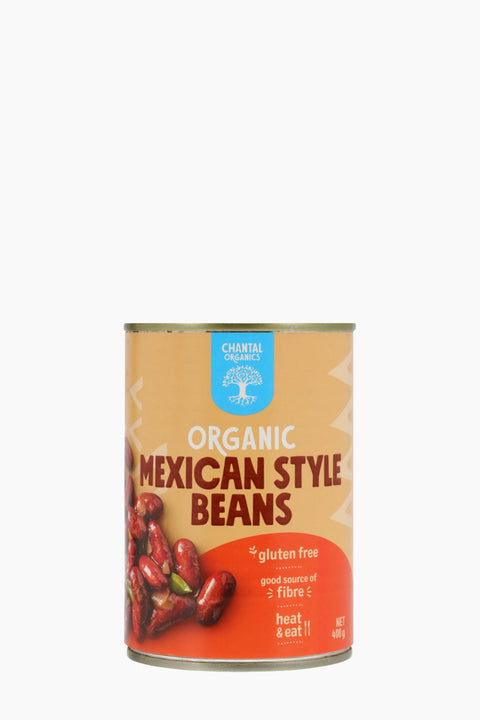 Can of organic Mexican style beans on a white background