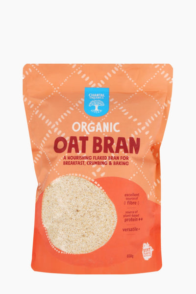 Package of organic oat bran with a white background