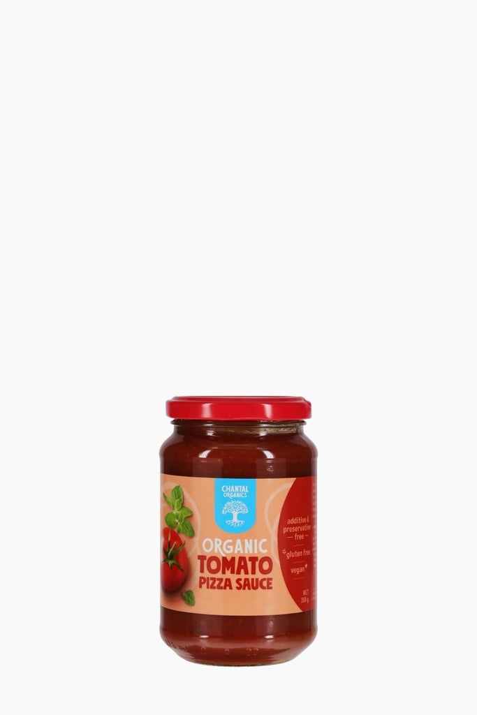 Jar of organic tomato pizza sauce on a white background