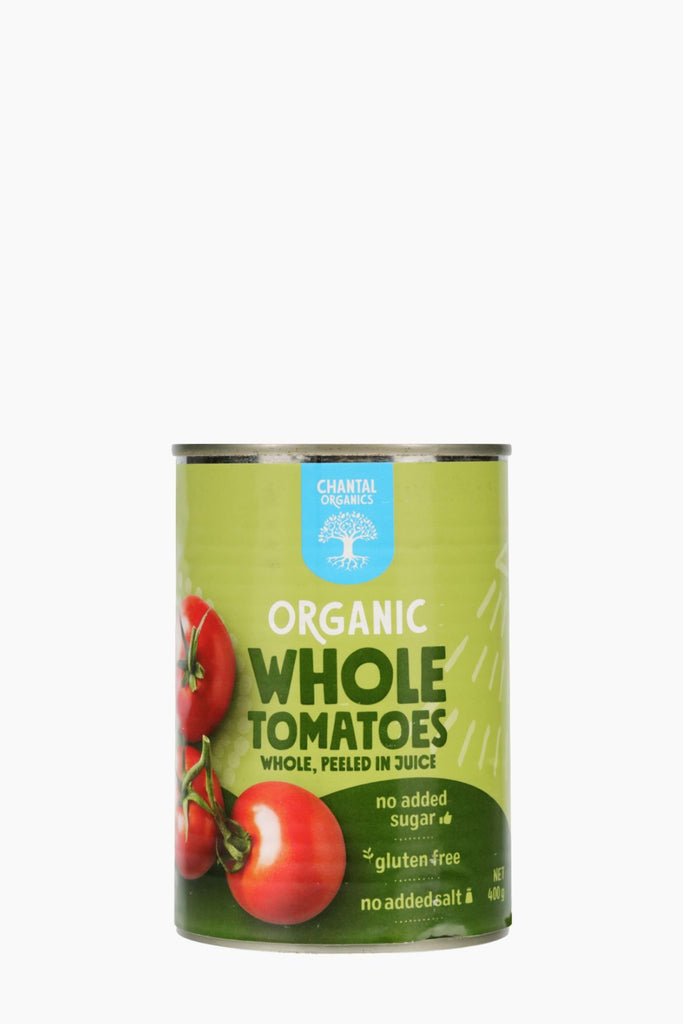 Can of organic whole tomatoes with a green label on a white background