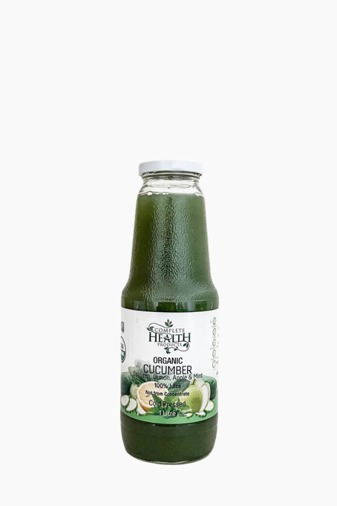 A bottle of Complete health Organic Cucumber Juice with a label showing an illustration of cucumbers and the brand name.
