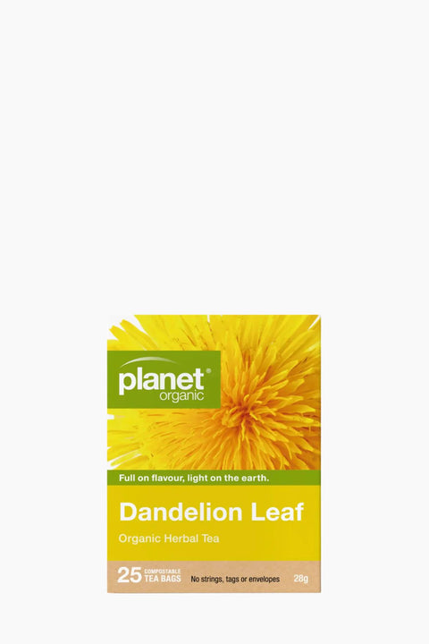 Box of Planet Organic Dandelion Leaf tea on a white background