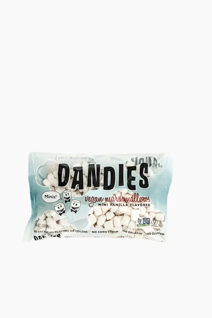 A package of Dandies Mini Marshmallows, 283g, with a label showing the brand, product name, and marshmallows visible through the packaging.