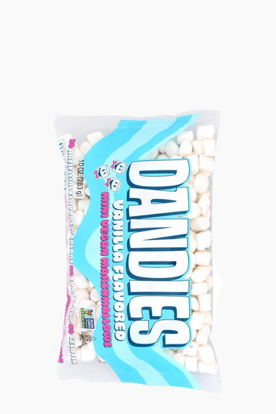 Bag of vanilla-flavored Dandies candy with colorful text on a white background