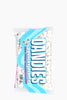 Bag of vanilla-flavored Dandies candy with colorful text on a white background