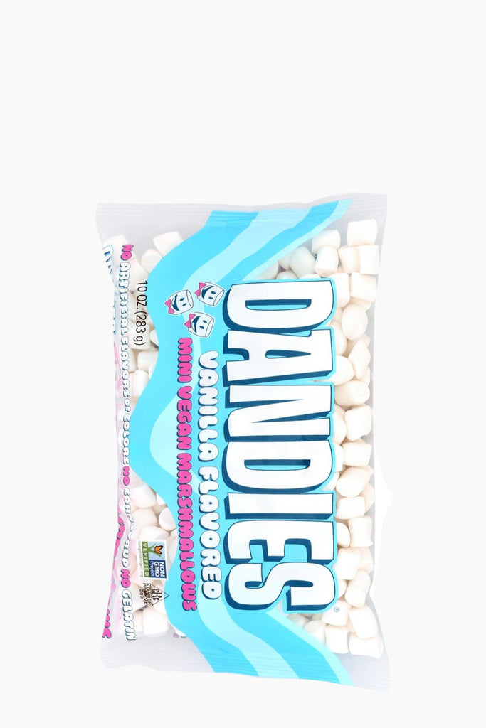 Bag of vanilla-flavored Dandies candy with colorful text on a white background