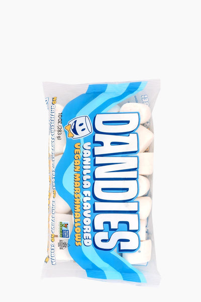 Bag of vanilla flavored marshmallows with blue and white design on a white background