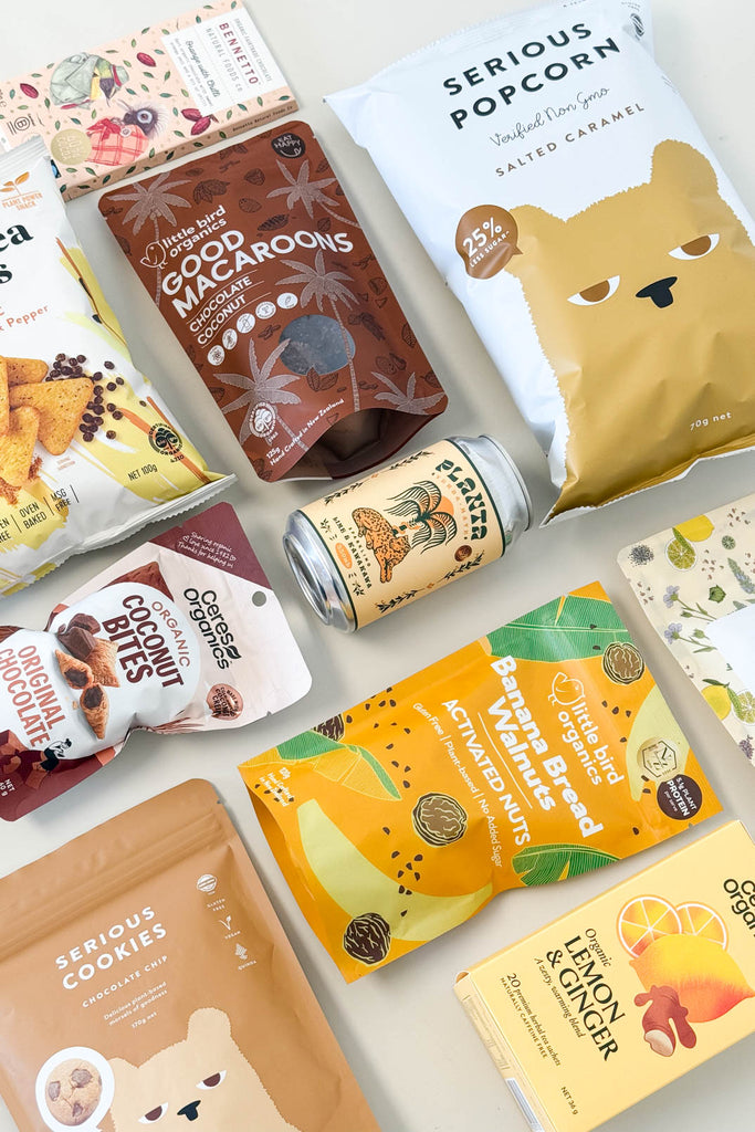 Assorted snacks and drinks with visible branding on packaging