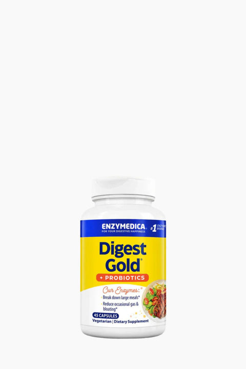 Enzymedica Digest Gold + Probiotics supplement bottle on a white background