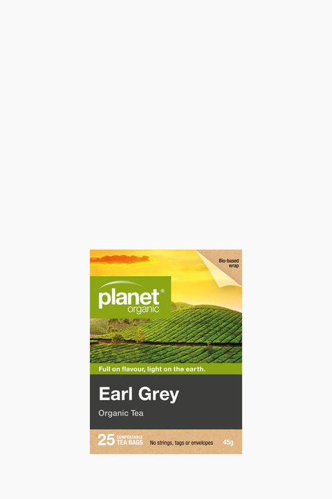 Planet Organic Earl Grey tea package on a white background