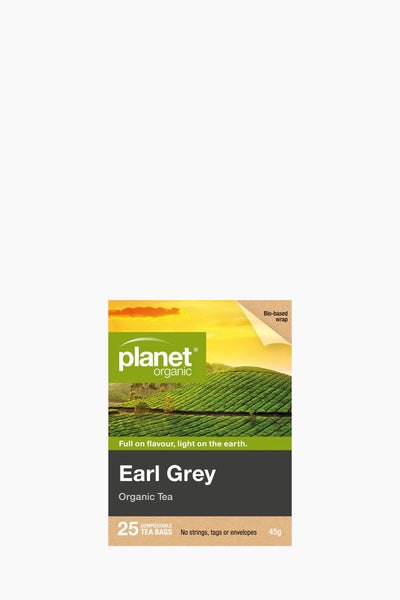 Planet Organic Earl Grey tea package on a white background