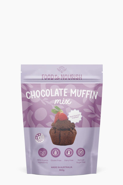 Purple package of chocolate muffin mix with branding and product details on a white background