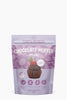 Purple package of chocolate muffin mix with branding and product details on a white background