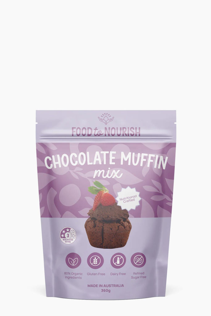 Purple package of chocolate muffin mix with branding and product details on a white background