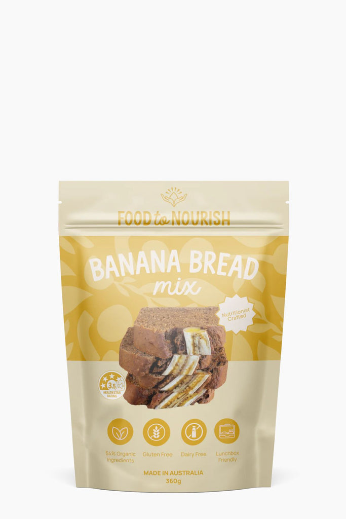 Packaging of banana bread mix with 'Food & Nourish' branding on a white background