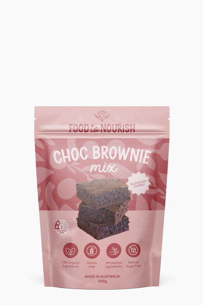 Pink packaging of Choc Brownie mix from Food & Nourish on a white background