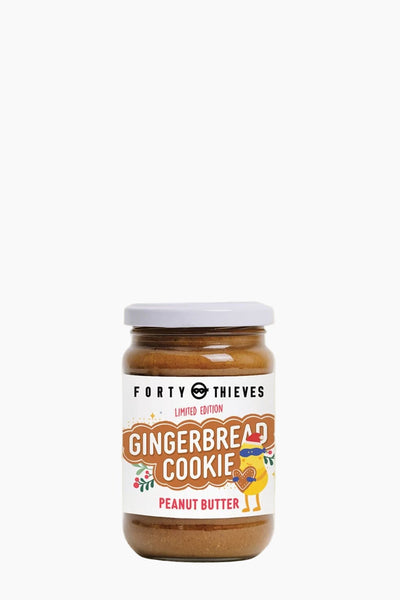 Jar of Forty Thieves Gingerbread Cookie Peanut Butter on a white background