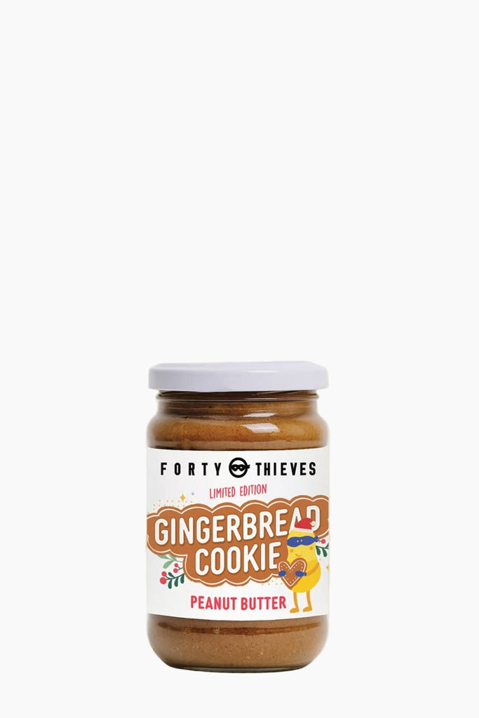 Jar of Forty Thieves Gingerbread Cookie Peanut Butter on a white background