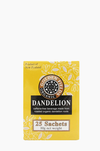 Yellow package of Golden Fields Organic Dandelion tea on a white background