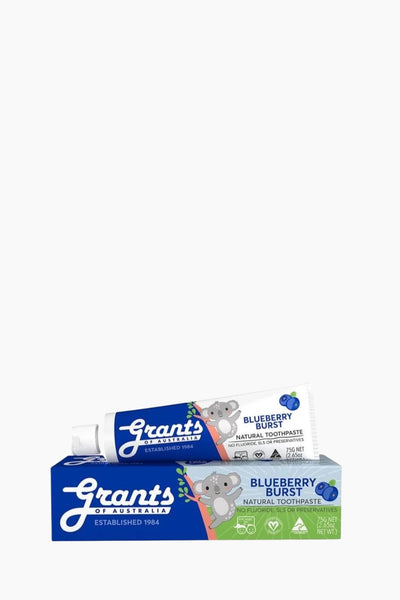 Grant's Blueberry Burst toothpaste packaging on a white background