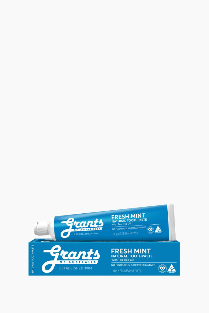 Two tubes of Grant's Fresh Mint toothpaste on a white background