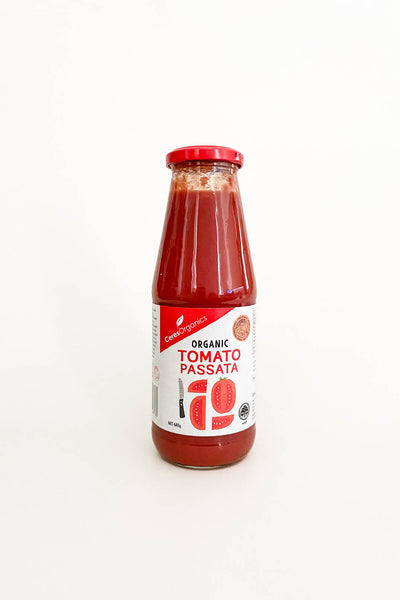 A bottle of Ceres Organics Tomato Passata with a red cap on a white background. The label indicates it is a 190g bottle of organic tomato passata.