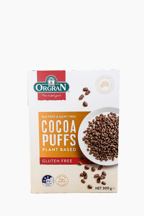 Packaging of Orgran Cocoa Puffs, plant-based, gluten-free, dairy-free, with a net weight of 300g.