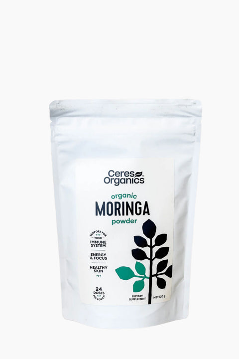 Ceres Organics organic moringa powder packaging on a white background