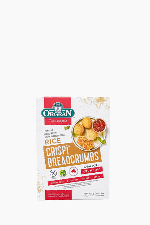 Packaging of Orgran Rice Bread Crumbs showing the product and its name, with dietary preference labels such as 'Gluten Free', 'Dairy Free', and 'Vegan'.