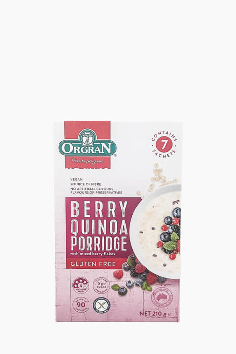 Packaging for Orgran Quinoa Berry Porridge, indicating the product is gluten-free with a berry flavor, and that there are 7 sachets in the pack.